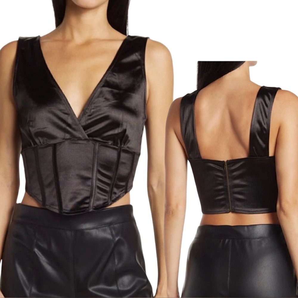NEW! KNOW ONE CARES Black Satin Corset Crop Top Sleeveless Back Zipper - Sz M